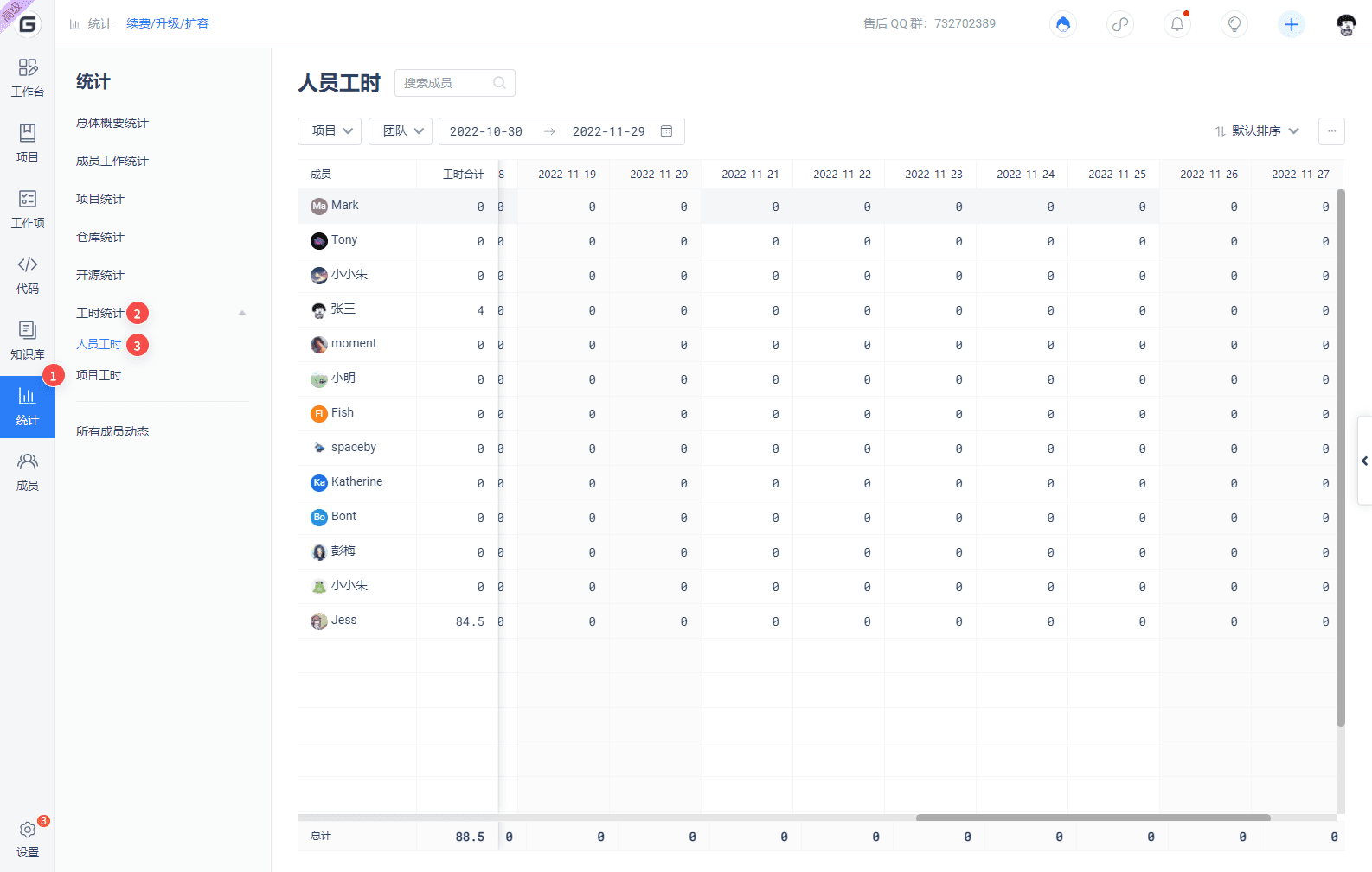 成员工时统计